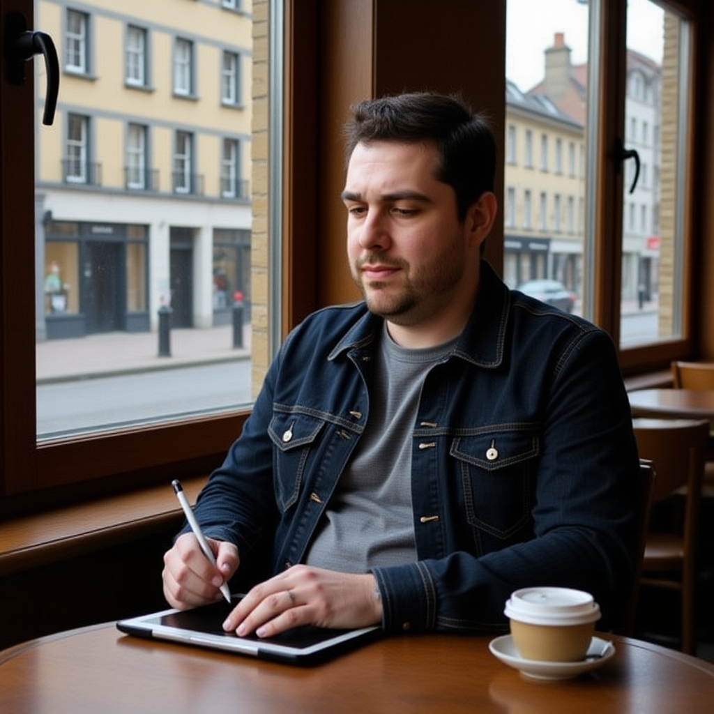 Johnnie, in a cafe, working